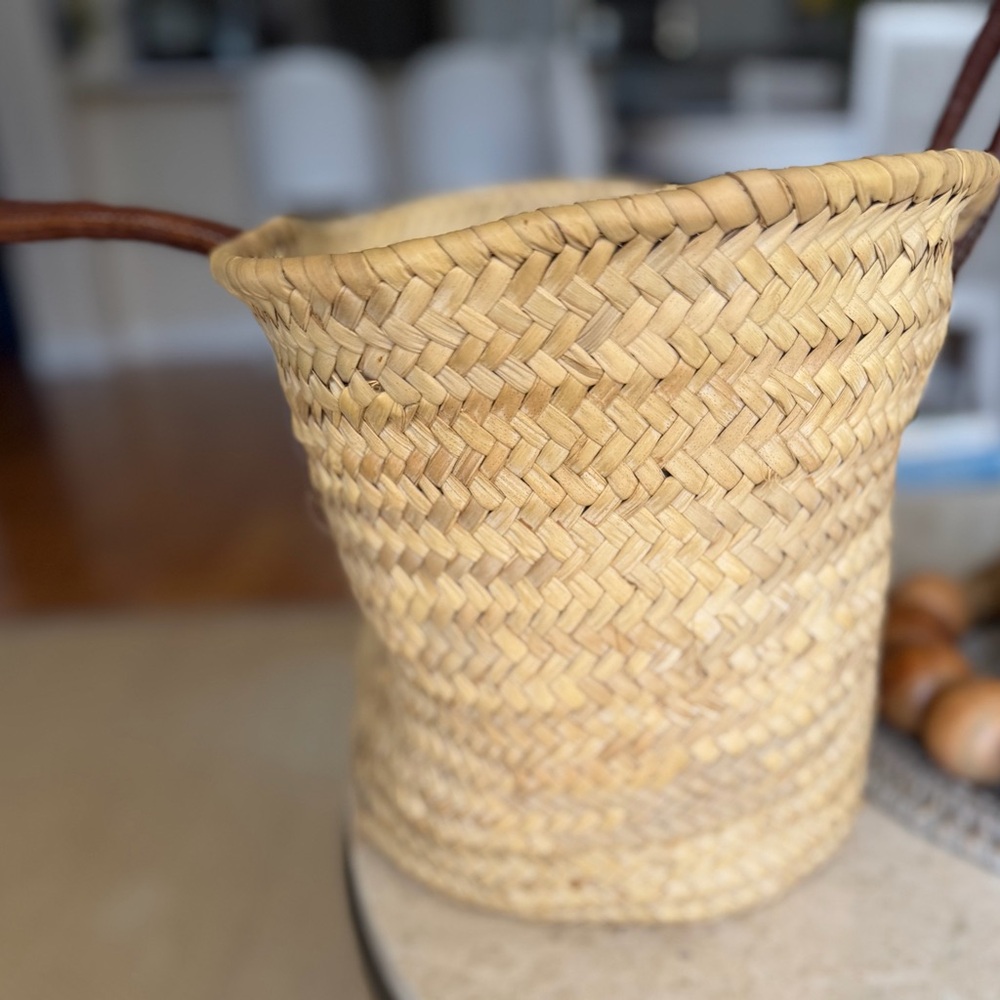 French Market Basket Woven Straw Tote with Brown Leather Handles - Picture 3 of 7
